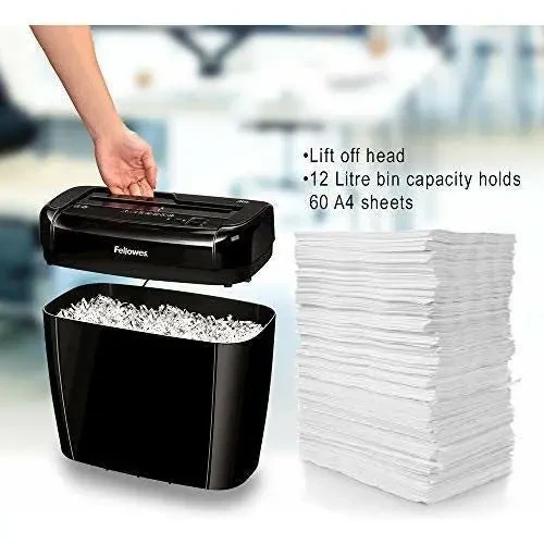آلة تمزيق الورق FELLOWES Powershred 36C، تقطع 6 ورقات بشكل متقاطع مع قفل أمان وسلة مهملات سعة 12 لترًا - مستوى الأمان P4 - أسود